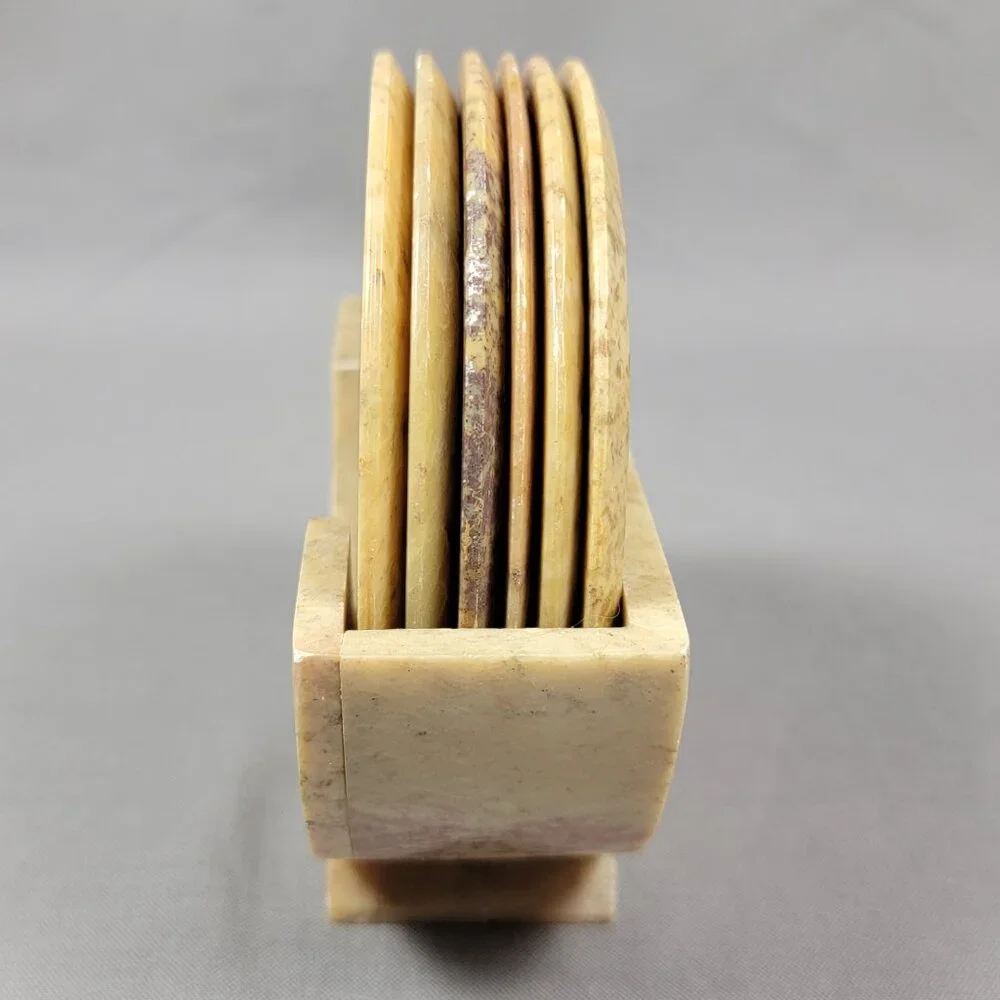 Vtg Stone Marble Coasters Hand Carved Jali Cut Flower Inlay Decorative Lot of 6